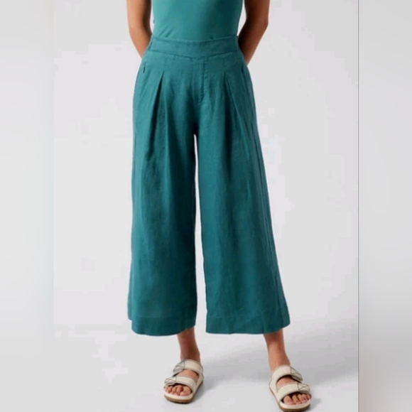 Athleta Green Playa 100% Linen Wide Crop Pants High Rise Elastic Waist Size 4 - Picture 2 of 13